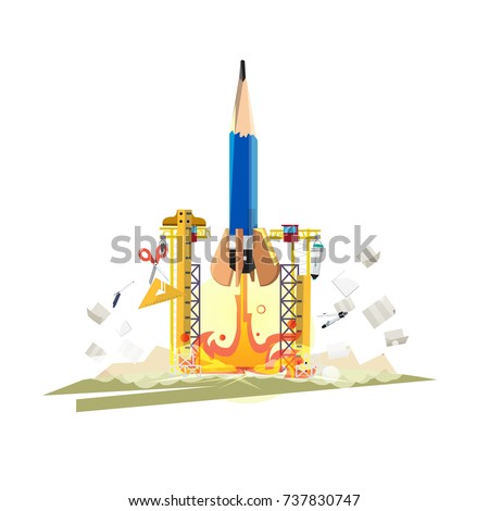 Pencil as rocket launching to the space. creative successful concept - vector illustration