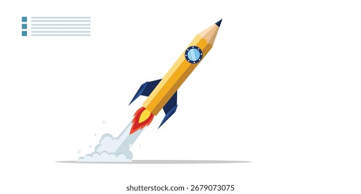 A pencil rocket launching symbolizes a creative startup, representing innovation, education, and the pursuit of success in business and personal development.