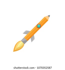  pencil rocket ship with fire. Isolated on white. fantasy flat vector illustration with flying pencil. Creativity sign. Creative idea symbol. Knowledge and inspiration illustration.