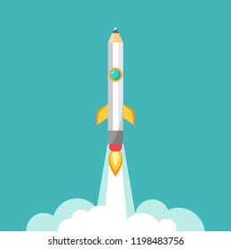 pencil rocket ship with fire. Isolated on powder blue. fantasy flat vector illustration with flying pencil. Creativity, imagination sign. Creative idea symbol. Knowledge and inspiration illustration