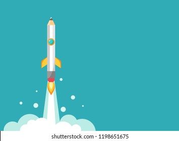 pencil rocket ship with fire. Isolated on powder blue. fantasy flat vector illustration with flying pencil. Creativity, imagination, ideas horizontal background. Knowledge and inspiration illustration