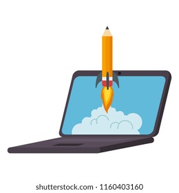 pencil rocket start up in laptop