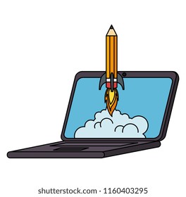pencil rocket start up in laptop