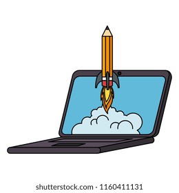 pencil rocket start up in laptop