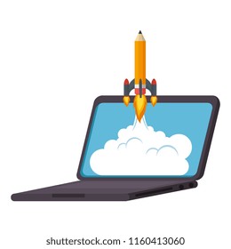 pencil rocket start up in laptop