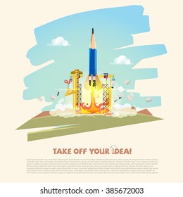 Pencil rocket taking off on a mission with creative supplies. Start up business  and creativity concept - vector illustration