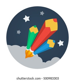 Pencil rockets flat vector icon that shows concept such as succesful, beginnings, for your personal or commercial project
