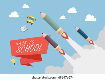 Pencil rockets fly into the sky. Back to school concept