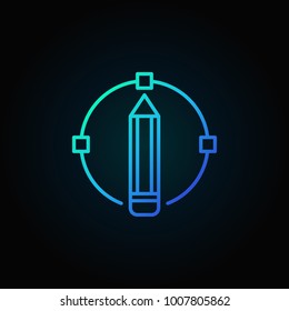 Pencil with round curve vector blue linear icon or symbol on dark background