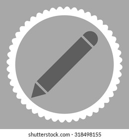 Pencil round stamp icon. This flat vector symbol is drawn with dark gray and white colors on a silver background.