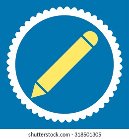 Pencil round stamp icon. This flat vector symbol is drawn with yellow and white colors on a blue background.