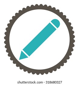 Pencil round stamp icon. This flat vector symbol is drawn with grey and cyan colors on a white background.
