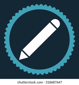 Pencil round stamp icon. This flat vector symbol is drawn with blue and white colors on a dark blue background.