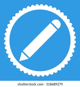 Pencil round stamp icon. This flat vector symbol is drawn with white color on a blue background.