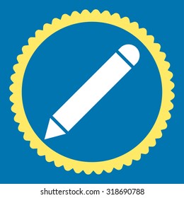 Pencil round stamp icon. This flat vector symbol is drawn with yellow and white colors on a blue background.