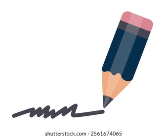 Pencil with rubber band. Pencil draws a line. Pencil in blue colour. Text editing icon. Office supplies. Writing sign business concept.