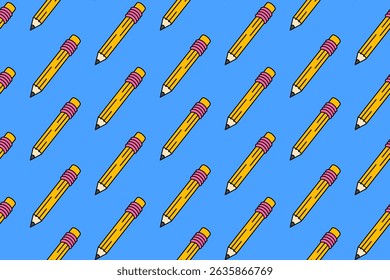 lápis com borracha pulseira escola papelaria colorido padrão sem emenda no fundo azul. lápis de madeira com borracha doodle decoração padrão fundo crianças, escola, faculdade, ciência