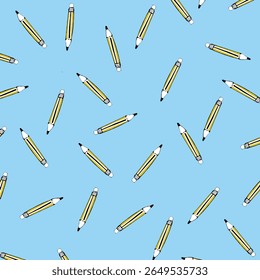 pencil with rubber bracelet school stationery colorful seamless pattern on blue background. wooden pencil with eraser doodle decoration pattern background kids, school, college, science