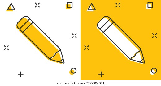 Pencil with rubber eraser icon in comic style. Highlighter vector cartoon illustration pictogram. Pencil business concept splash effect.