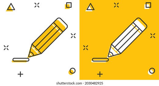 Pencil with rubber eraser icon in comic style. Highlighter vector cartoon illustration pictogram. Pencil business concept splash effect.