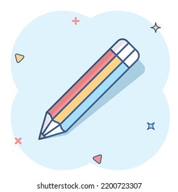 Pencil with rubber eraser icon in comic style. Highlighter vector cartoon illustration pictogram. Pencil business concept splash effect.