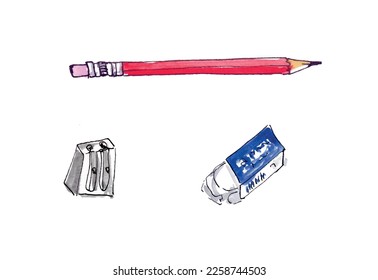 Pencil rubber eraser sharpener drawing tools sketch isolated vector.