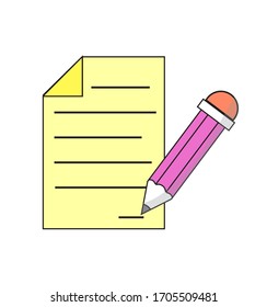 Pencil with rubber eraser writing on piece of paper. Vector illustration of pencil and paper document. Yellow sheet with bent corner. Flat design writing concept. 