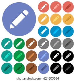 Pencil with rubber multi colored flat icons on round backgrounds. Included white, light and dark icon variations for hover and active status effects, and bonus shades on black backgounds.