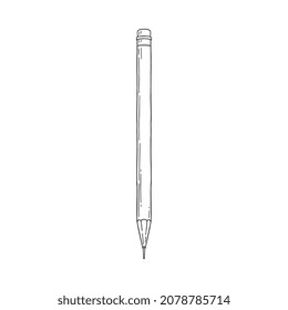 Lápiz con doodle vectorial de punta de goma. Icono de pluma de madera dibujado a mano en forma de esbozo, aislado en fondo blanco. Dibujo del contorno de la herramienta estacionaria del escritor.
