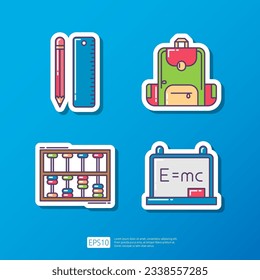 pencil and ruler, backpack, abacus math equipment, energy equivalence formula on whiteboard. knowledge and education flat sticker icon. science and school vector illustration