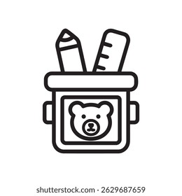 pencil and ruler in bear-themed stationery holder, vector illustration of cute desk organizer for school and office supplies