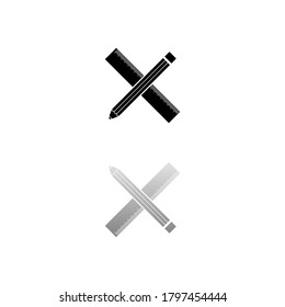 Pencil and ruler. Black symbol on white background. Simple illustration. Flat Vector Icon. Mirror Reflection Shadow. Can be used in logo, web, mobile and UI UX project