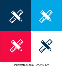 Pencil and ruler cross of school materials four color material and minimal icon logo set in red and blue