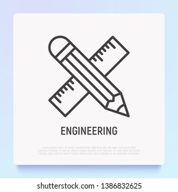 Pencil and ruler are crossed thin line icon. Modern vector illustration, symbol of engineering.