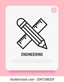 El lápiz y la regla se cruzan con un icono de línea delgada. Ilustración vectorial moderna, símbolo de la ingeniería.