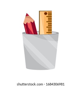 pencil and ruler in cup supply study school education vector illustration isolated icon