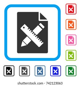 Pencil And Ruler Design Tools Page icon. Flat gray pictogram symbol in a light blue rounded frame. Black, gray, green, blue, red, orange color versions of Pencil And Ruler Design Tools Page vector.