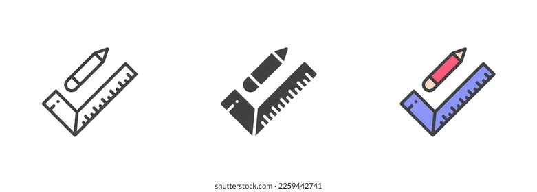 Pencil and ruler different style icon set. Line, glyph and filled outline colorful version, outline and filled vector sign. Symbol, logo illustration. Vector graphics