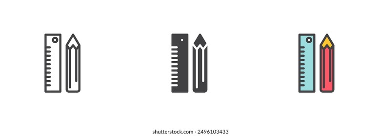 Pencil and ruler different style icon set. Line, glyph and filled outline colorful version, outline and filled vector sign. Stationery symbol, logo illustration. Vector graphics