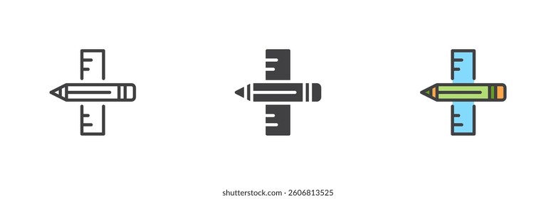 The pencil and ruler different style icon set. Line, glyph and filled outline colorful version, outline and filled vector sign. Design tool symbol, logo illustration. Vector graphics