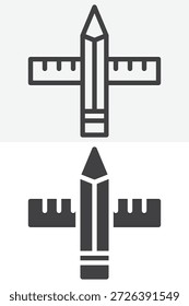 Lápiz con Regla de diferentes iconos de estilo. Versiones de líneas, contornos e iconos sólidos. Signo y Vector de trazo editable para útiles escolares. Icono de papelería.