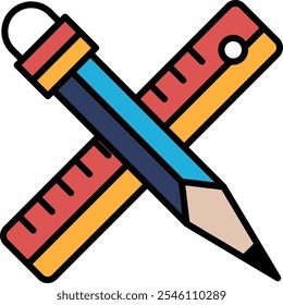 A pencil and a ruler are drawn together in a colorful way. The pencil is blue and the ruler is red and yellow. Concept of creativity and precision, as the pencil