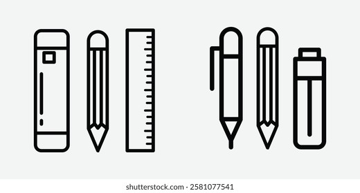 Pencil, Ruler, and Eraser Icon for Education. School Supplies Icon Set: Pencil, Ruler, Eraser. Pencil, Scale and Eraser Icon.