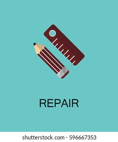 Pencil and ruler flat icon. Single high quality color element for web design or mobile app. Isolated symbol on white blue background. Repair  Construction vector illustration.