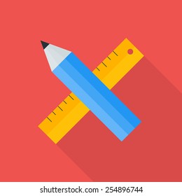 Pencil and ruler flat stylized. Flat stylized object with long shadow