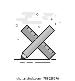 Pencil and ruler icon in flat outlined grayscale style. Vector illustration.