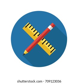 pencil and ruler icon in flat style with long shadow, isolated vector illustration on blue transparent background