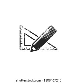 Pencil and ruler icon in halftone style. Black and white monochrome vector illustration.