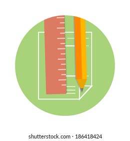 Pencil and ruler icon on a page. Studies, architecture, designs and business concept