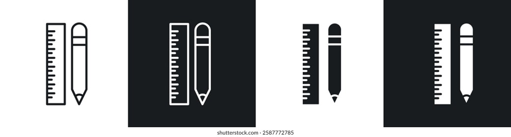 Pencil and ruler icon set black and white colors. Graphic Vector icons pack